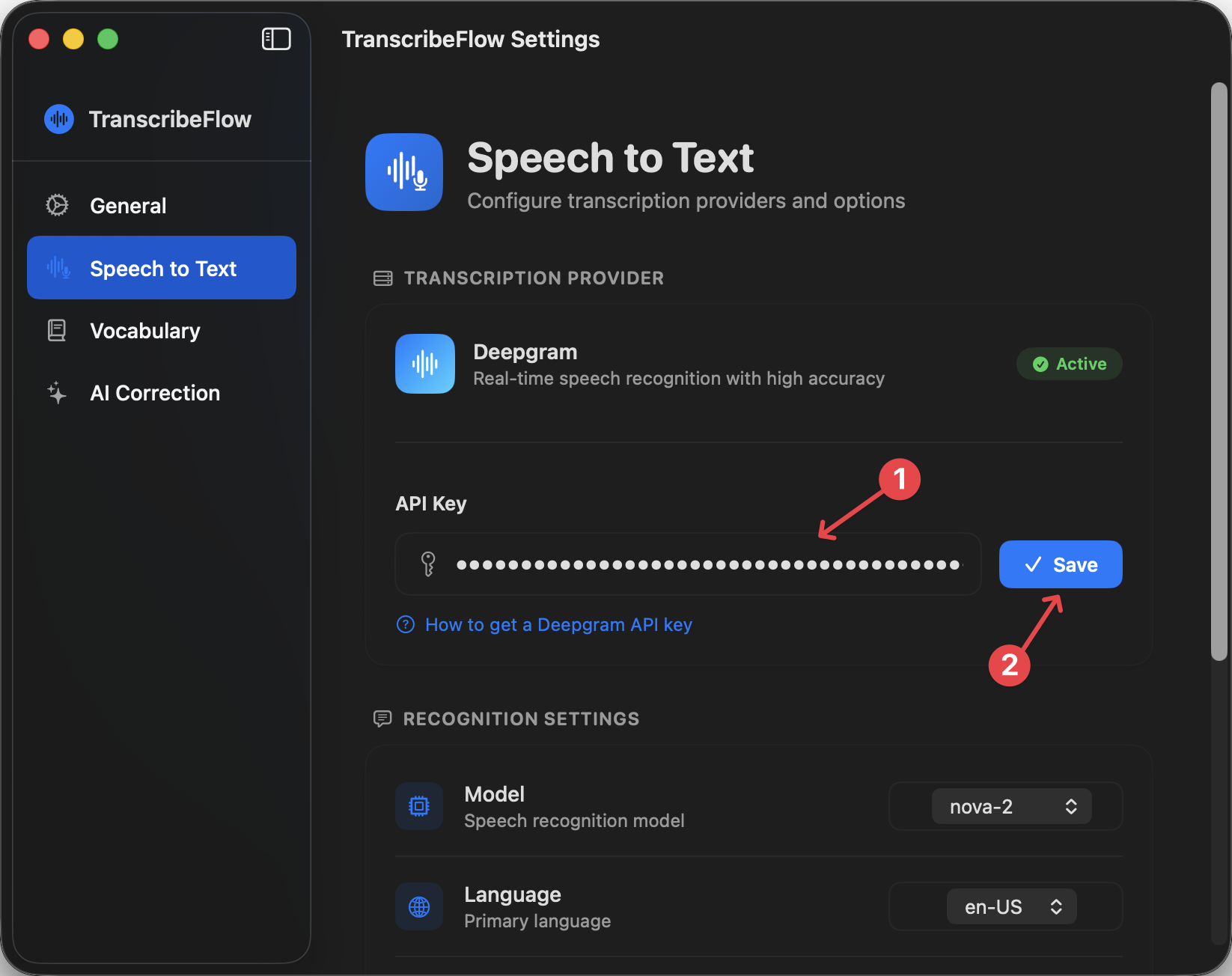 Screenshot showing where to paste Deepgram API key in TranscribeFlow settings