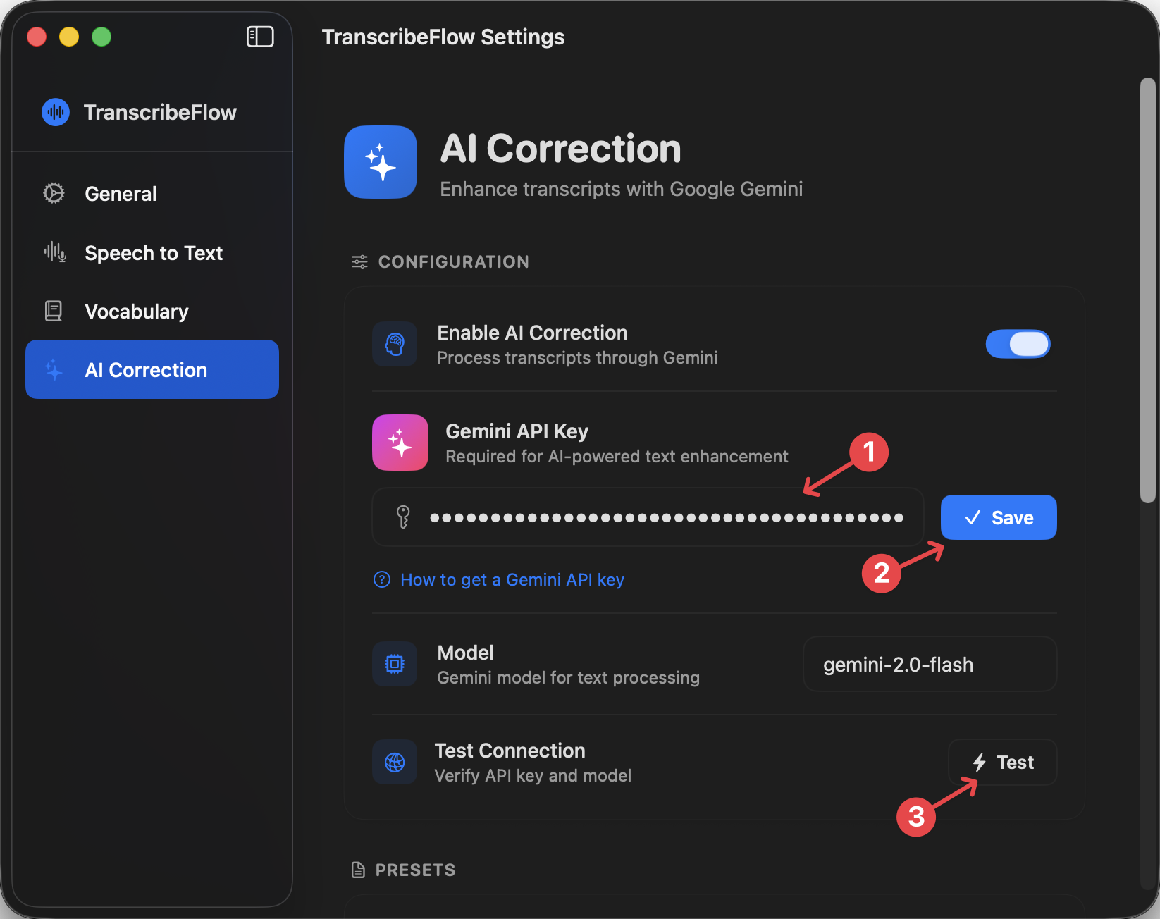 Screenshot showing where to paste Gemini API key in TranscribeFlow settings